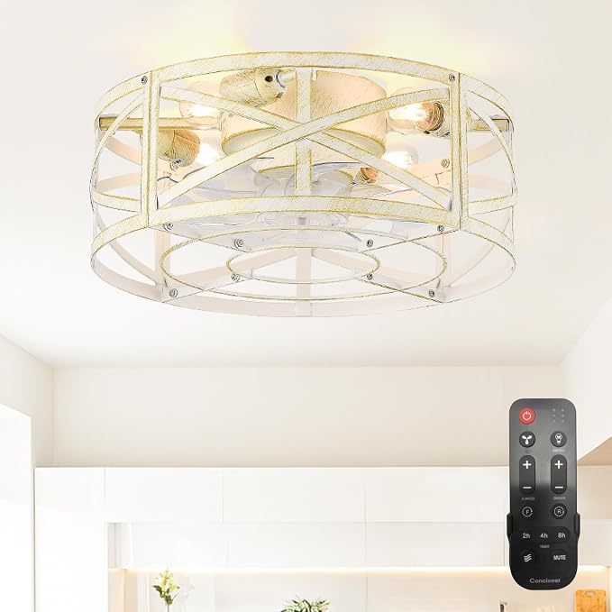 Conciseer 20 Inch Caged Ceiling Fans with Lights and Remote, Flush Mount, Low Profile 7 Blades, 6 Speed Reversible Quiet DC Motor for Bedroom, Kitchen and Living Room, White/Gold Brushed