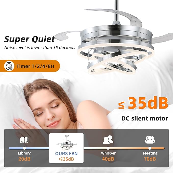 42 Inch Retractable Ceiling Fan, Modern Chandelier Ceiling Fan with Light,DC Motor, Dimmable,3 Color, 6 Wind Speed for Bedroom, Living Room and Dining Room, Silver
