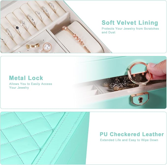 GUOER Jewelry Box for Women Girls, 3 Layers Large Jewelry Organizer (Teal) | Vintage Quilting Stitching PU Leather, Earrings Bracelets Rings Necklace Watches Storage Large Jewellery Holder Case Gifts