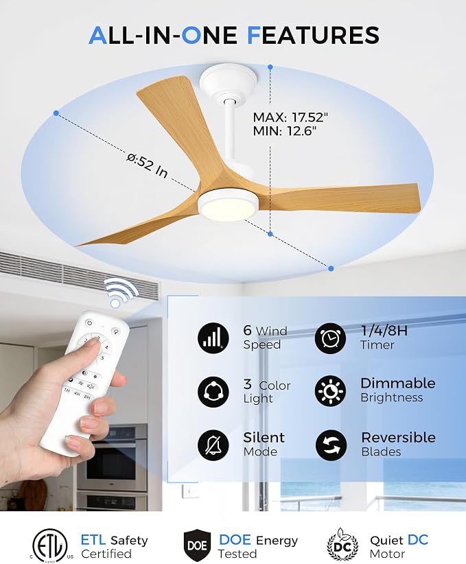52" Ceiling Fan with Light & Remote, White, ZCCF08WY-52 | White finish, remote, 6 speeds, 3CCT dimmable LED and quiet reversible DC motor for living rooms and covered patios