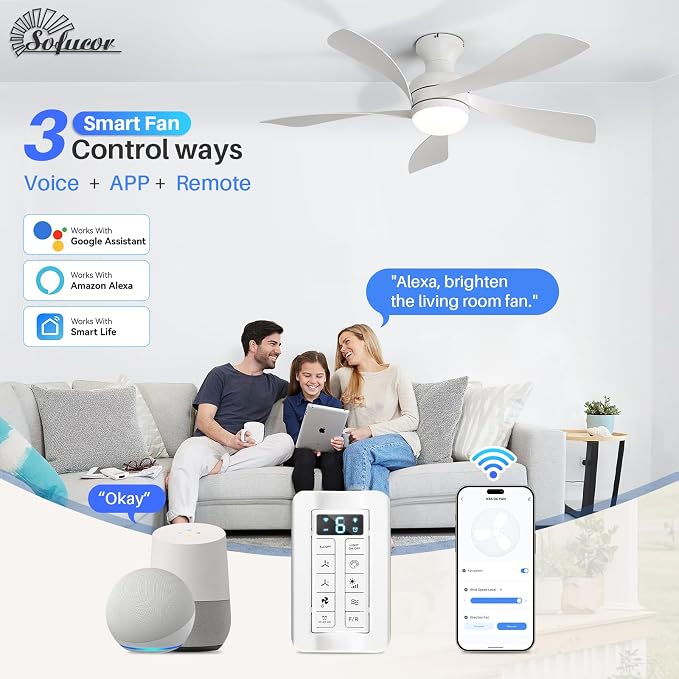 Sofucor Smart 42'' Low Profile Ceiling Fan with Lights and Remote, Flush Mount Ceiling Fan Work with APP/Alexa/Google for Modern Bedroom Living Room Patio, Dimmable LED Quiet Reversible DC Motor
