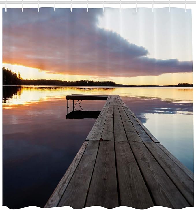 Ambesonne Landscape Shower Curtain, Serenity Relaxing Themed Port Pier Wooden Rustic Image of Dawn Sunset in Lake Art, Cloth Fabric Bathroom Decor Set Hooks, 69" W x 70" L, Multicolor Indigo Pale Blue