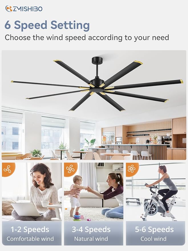ZMISHIBO 96 Inch Industrial DC Motor Ceiling Fan, Large Ceiling Fan with 8 Reversible Blades, 3 Downrods, 6-Speed Remote Control, Home or Commercial Ceiling Fans for Porch/Garage/Shop, Black and Gold