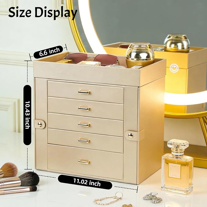 BOOVO Large Jewelry Boxes For Women (Gold, 6 Layer) | 6 Layers Jewelry Organizer Box With Cosmetic Storage Drawer, Necklace Ring Jewelry Organizer Box