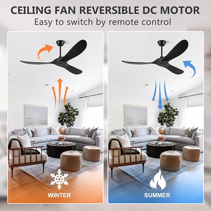 Eliora 52 Inch Ceiling Fan without Lights, Wood Ceiling Fans no Light with Remote Wall Switch and DC Motor, Indoor Outdoor Fan for Patio, Porch, Bedroom Propeller 3 Blades Ceiling Fans Matte Black