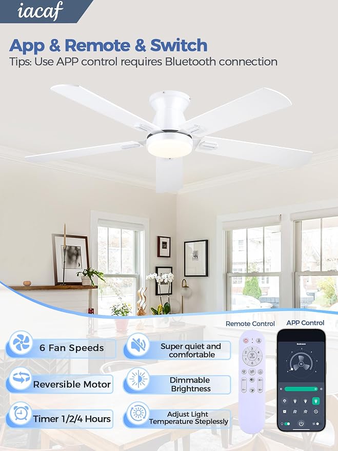 Ceiling Fans with Lights, 52 Inch Ceiling Fan with Light and Remote/APP, Low Profile Ceiling Fan with Light, DC Reversible, 6 Speed Noiseless LED Ceiling Fan, White Small Ceiling Fan for Bedroom