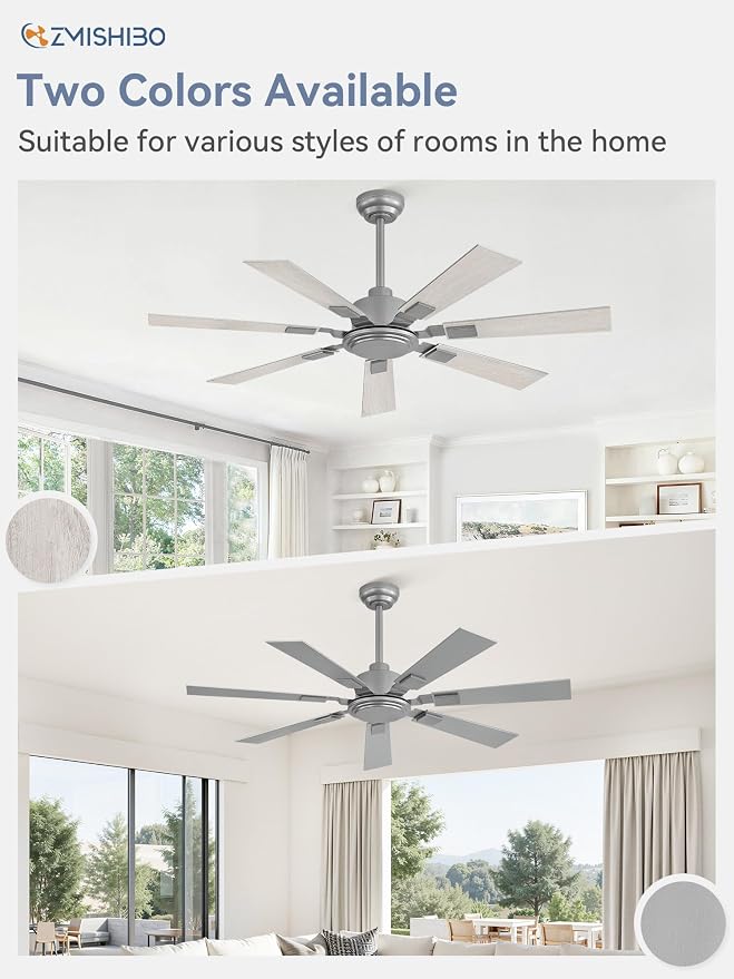 ZMISHIBO 52“ Ceiling Fans No Light with Remote, Silver Modern Ceiling Fan Without Light, Quiet Reversible DC Motor, 6 Speeds, 7 Blades Indoor/Outdoor Ceiling Fan for Living Room Bedroom Patio Garage