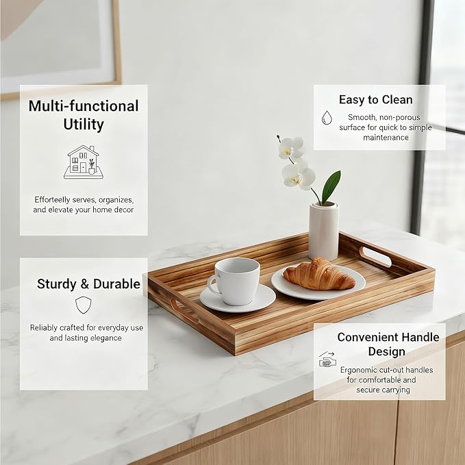Krismax Wooden Serving Tray with Handles, Rustic Brown Rectangular Serving Platter 15.7x11.4 Inch for Coffee Table, Decorative Storage Tray