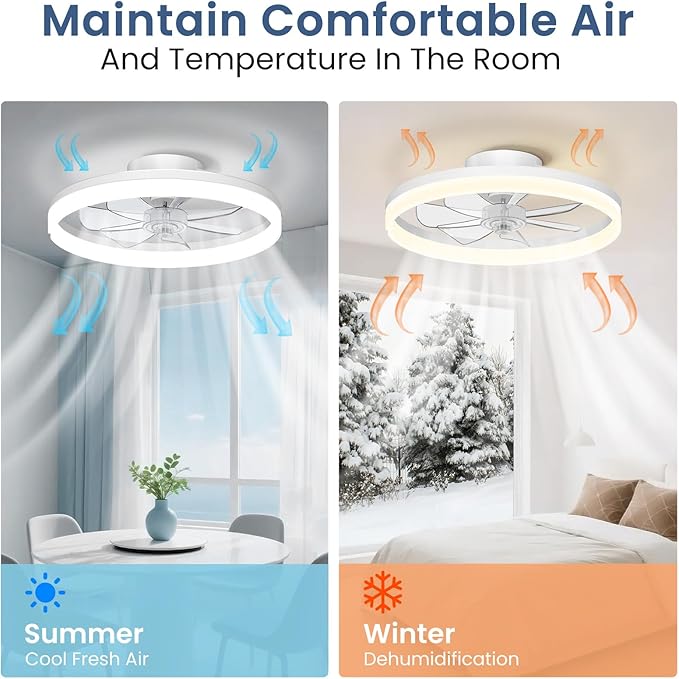 Ceiling Fans with Lights and Remote, 20" Foldable Modern Low Profile Ceiling Fan with Light, Stepless Color Temperature Change and 6 Speeds for Bedroom, Kids Room and Living Room(White)