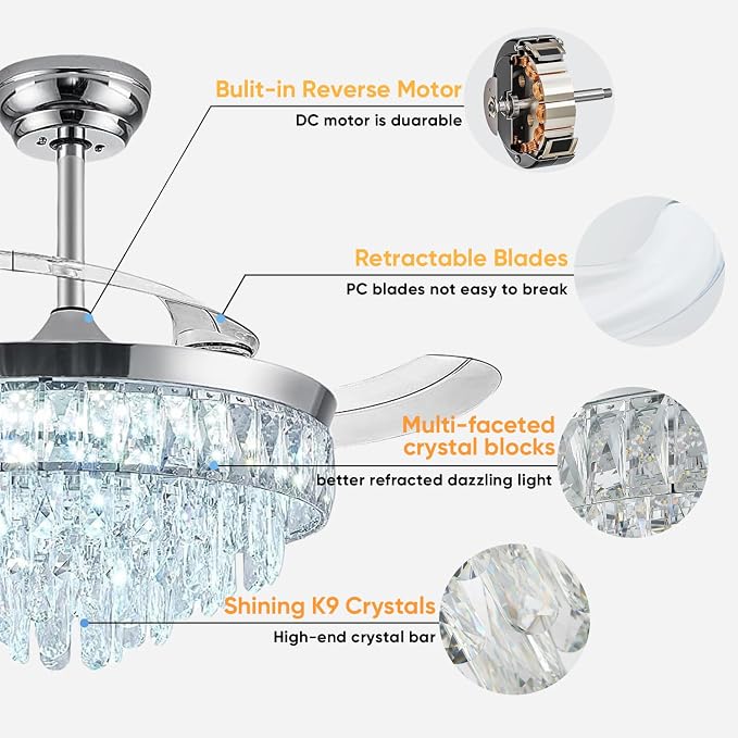 42'' Chandelier Ceiling Fan with Lights, Retractable Fan with Remote and APP, Crystal Fandelier Ceiling Fan, Dimmable LED, Reversible Motor, Quiet for Bedroom Living Room-Chrome