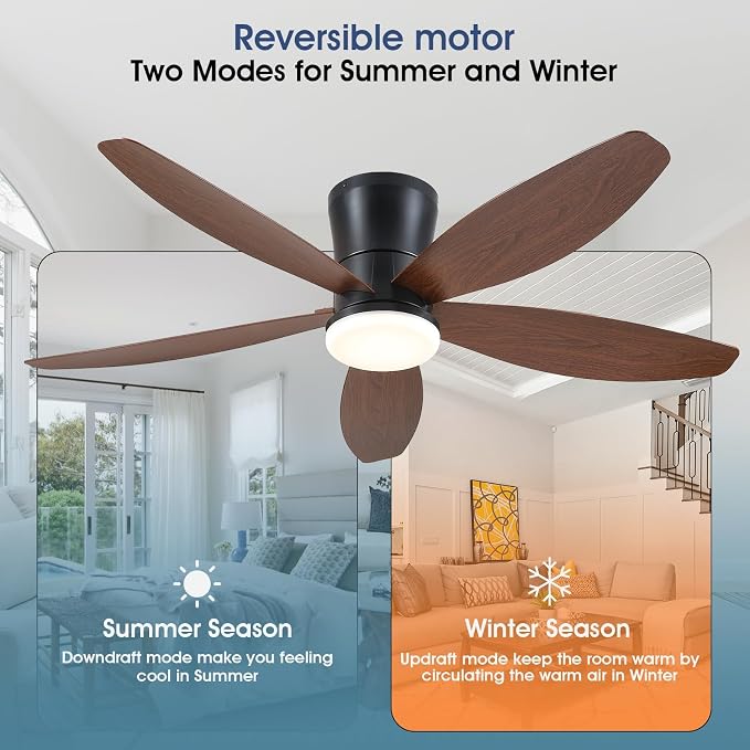 Surtime 48" Ceiling Fans with Lights-Low Profile Ceiling Fan with Light and Remote/APP Control,Flush Mount,LED Dimmable Modern Ceiling Fans for Bedroom,Indoor/Outdoor Patio Use(Brown)