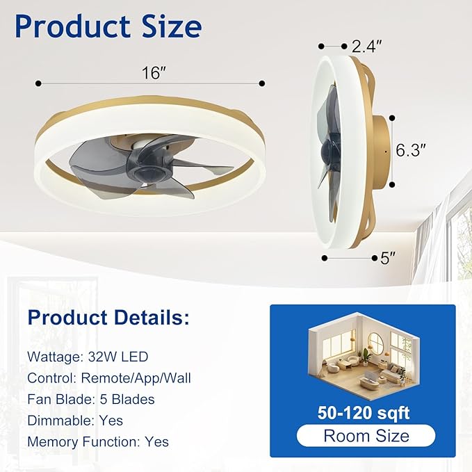 DLLT Ceiling Fans with Lights and Remote: 16 Inch Modern Low Profile Ceiling Fan with APP Control for Kids Room - Gold Dimmable LED Bladeless Fandelier with 6 Wind Speeds Quiet DC Motor for Bedroom