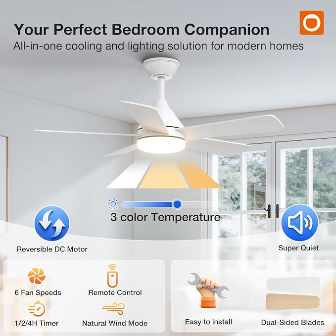 addlon Ceiling Fans with Lights, 42 inch White Ceiling fan with Light and Remote Control, Reversible, 3CCT, Dimmable, Noiseless, Small Ceiling Fan for Bedroom, Farmhouse, Indoor/Outdoor Use