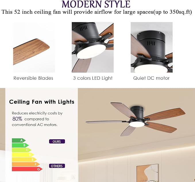 FUMLTP 52inch Ceiling Fans with Lights, Low Profile Ceiling Fan with Light and Remote Control/APP Control, Flush Mount, Reversible Motor, Dimmable, Noiseless, Brown Ceiling Fan for Bedroom (Brown)
