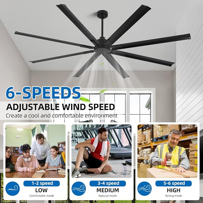 YYEHON 84 Inch Large Industrial Ceiling Fan no Lights, Reversible Dc Motor, 3 Downrods, 6 Speed Remote Control, 8 Aluminum Blades, Black Outdoor Fans for Shop/Gym/Warehouse/Garage