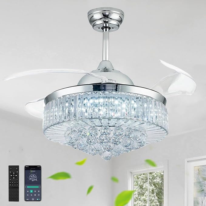 42'' Fandelier Ceiling Fans with Light, Chandelier Ceiling Fan, Retractable Ceiling Fan for Bedroom, Living Room, 3 Color Change, LED Dimmable, 6 Speeds, Reversible DC Motor- Chrome
