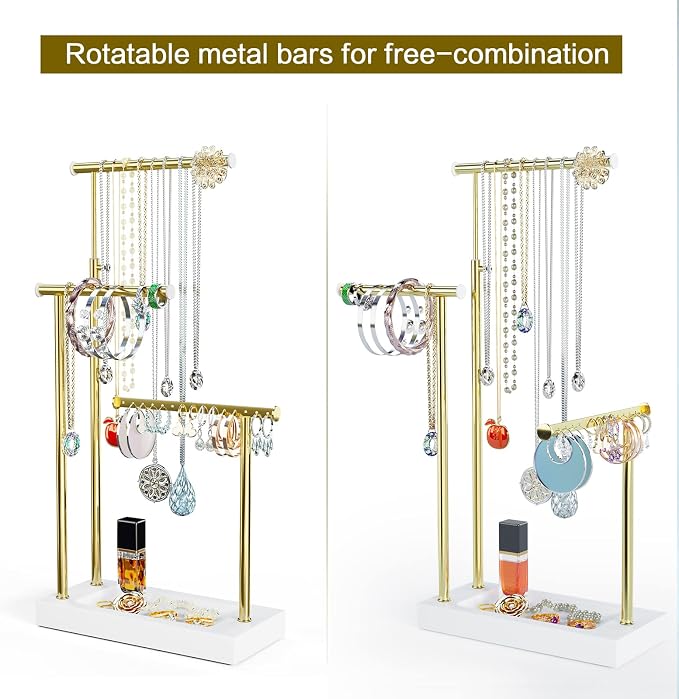 SRIWATANA Jewelry Organizer Display Extra Tall Necklace Holder 3 Tier Jewelry Tree Stand, Gift Idea (White & Gold) | Modern Luxury Jewelry Tree with Wood Base Tray; Ideal to Organize Long Necklaces, Earrings, Rings