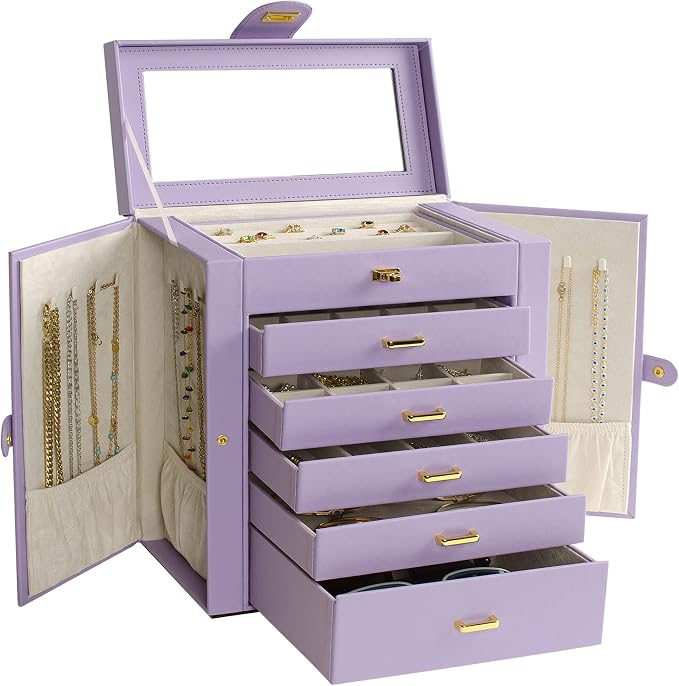 AKOZLIN 6-Tier Jewelry Box Organizer Functional 5 Drawers Leather Jewelry Storage Case for Women Girls Ring Necklace Earring Bracelet Holder Organizer with Mirror Violet Large