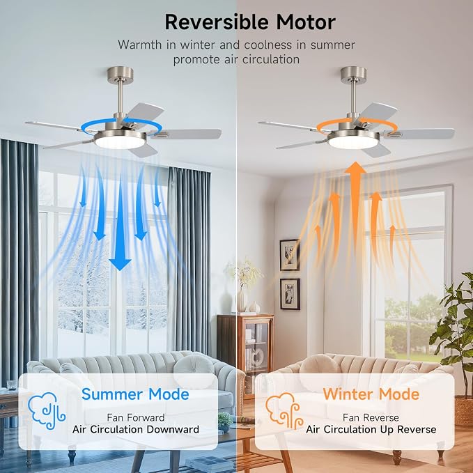 44 Inch Ceiling Fans with Lights and Remote for Bedroom Living Room Kitchen Office, Indoor/Outdoor Use, 5CCT Dimmable, Dual Color 5 Blades, 6 Speed Reversible Quiet DC Motor, Sand-nickel/Wood Grain