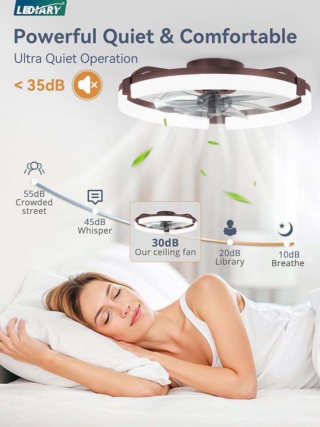 LEDIARY 20" Ceiling Fans with Lights and Remote, Modern Low Profile Ceiling Fan, 3 CCT, Stepless Dimmable, Fandelier Flush Mount Fan Light, 6 Speeds, DC Motor, App & Remote Control for Bedroom(Brown)