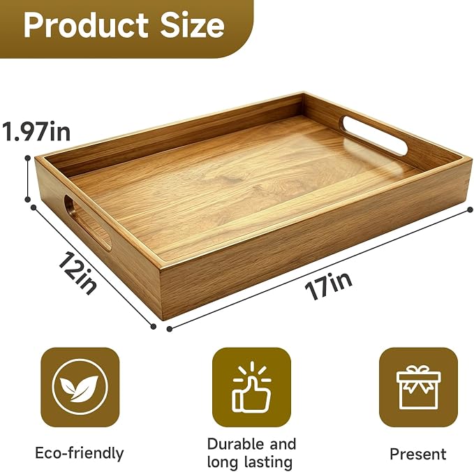 17 x 12 Inch Acacia Wood Large Serving Tray with Handles | Large Wood Tray for Drinks, Food, Ottoman & Breakfast in Bed, Leather Mat Included