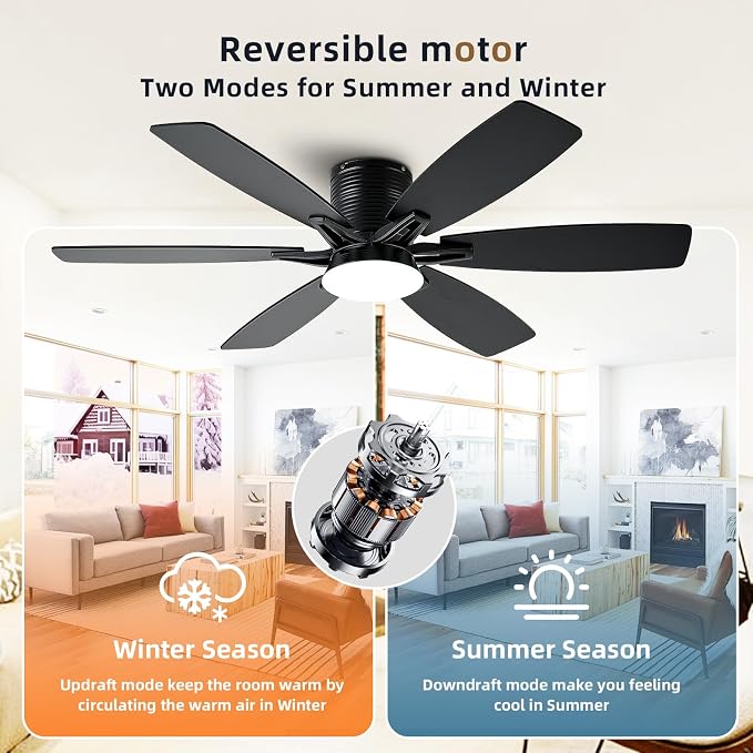 52inch Black Ceiling Fans with Lights and Remote/App Control, Low Profile Ceiling Fan with Light and 6 Double-Side blades, Flush Mount, LED/RGB Dimmable DC Reversible Modern Ceiling Fan for Bedroom