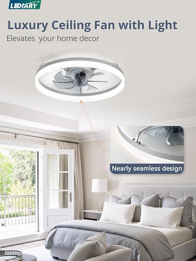 LEDIARY Ceiling Fans with Lights, 20 inch Low Profile Flush Mount Ceiling Fan, Dimmable LED, APP & Remote Control, Quiet Reversible DC Motor, 6 Speeds, Fandelier for Bedroom, Grey