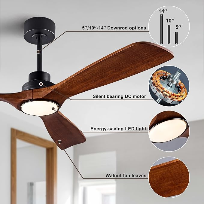QUTWOB 52" Wood Ceiling Fan with Light, Reversible DC Motor, Remote Control | solid wood blades, quiet 6-speed reversible dc motor, remote control, dimmable 3-color led, for indoor outdoor bedroom patio