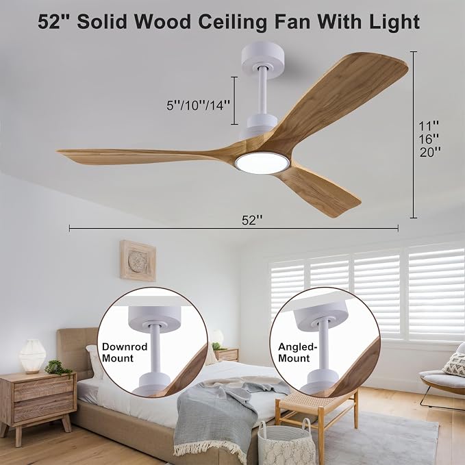 QUTWOB 52" Wood Ceiling Fan with Light, Reversible DC Motor, Remote Control | solid wood blades, quiet 6-speed reversible dc motor, remote with memory, 3-color led, for indoor outdoor patio bedroom