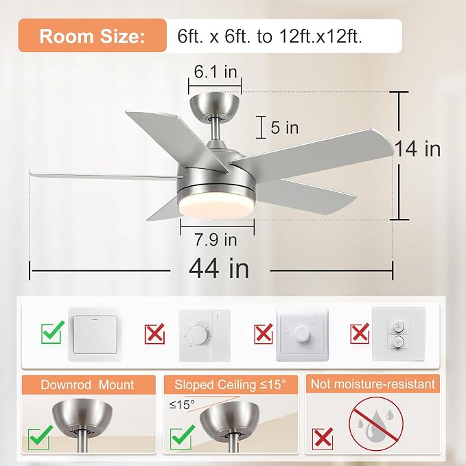 YUHAO 44 Inch Brushed Nickel Ceiling Fan with Light and Remote Control.Noiseless,Dimmable,3CCT,6 Speeds Reversible, DC Ceiling Fans for Indoor or Covered Outdoor Use.ETL Listed