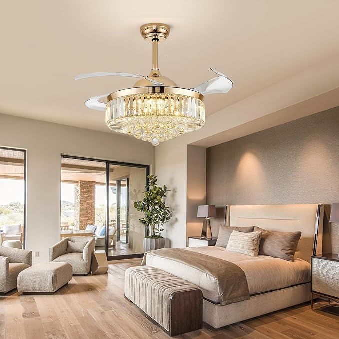 42'' Fandelier Ceiling Fans with Light, Chandelier Ceiling Fan, Retractable Crystal Ceiling Fan for Bedroom, Living Room, 3 Color Change, LED Dimmable, 6 Speeds, Reversible DC Motor-Gold