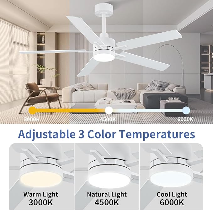 LANMEL 52'' White Ceiling Fans with Lights and Remote, 6 Speed Low Profile Modern Ceiling Fan with Quiet DC Motor for Indoor Outdoor Bedroom Living Room