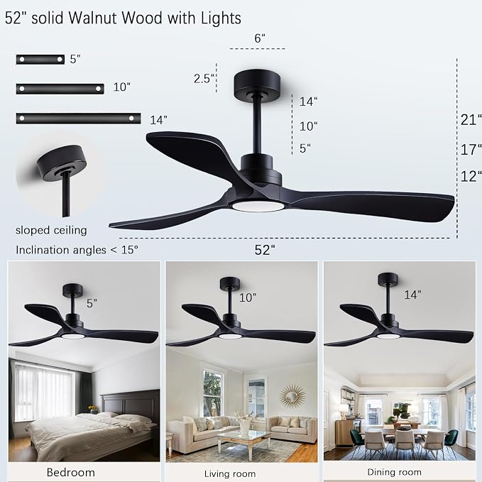 52-inch Silent Ceiling Fan Light with Remote Control, Black Wood Finish. | 3CCT, mobile app, full memory function, for use in living rooms, dining rooms, bedrooms, offices, balconies, and outdoors.