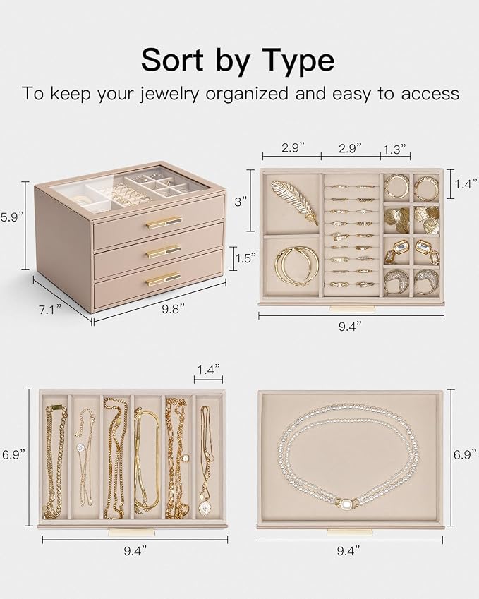VLANDO Jewelry Box for Women, 3-Layer Jewelry Organizer with Drawers, Glass Lid Display Jewelry Storage, Soft PU Leather Exterior, Contrast Gold Metal Handles, Refined Style – Toffee