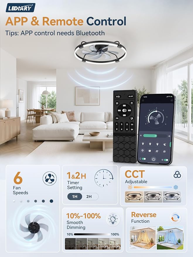 LEDIARY 26" Ceiling Fans with Lights and Remote, Low Profile,Large, Black | 3000K-6000K Stepless Dimmable Fandelier, Reversible DC Motor, Remote and APP Control, Bedroom Kitchen Living Room