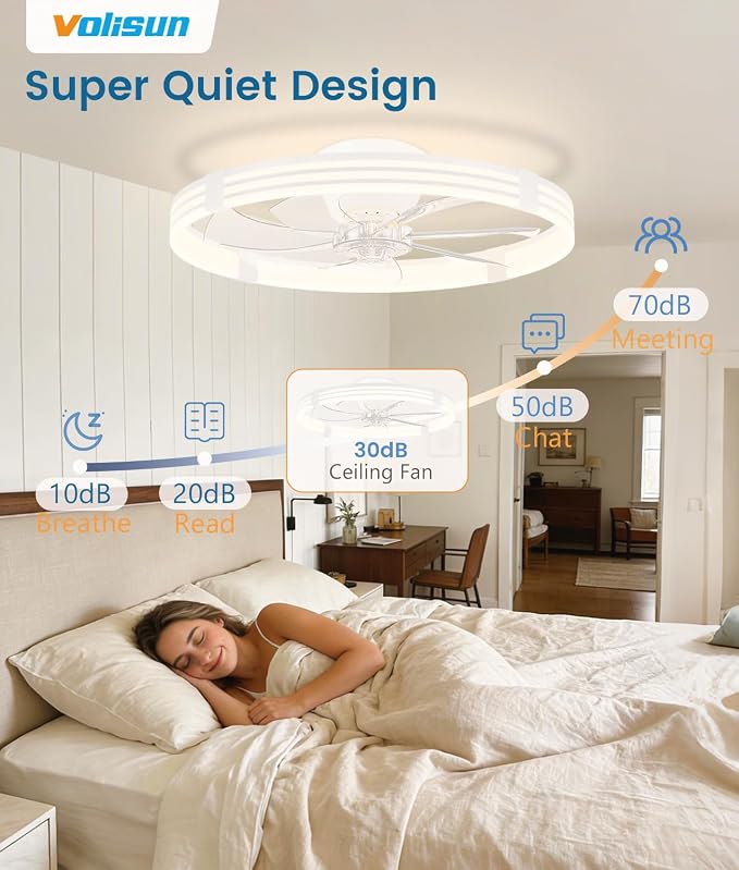 VOLISUN Low Profile Ceiling Fans with Lights and Remote, 24in Flush Mount Ceiling Fan with Light, 3000K-6500K Dimmable Fandelier LED Fan Light, White Bladeless Ceiling Fans with Lights for Bedroom