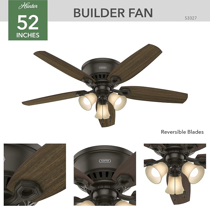 Hunter Builder, Indoor, Ceiling Fan, with LED Lights, 52 inch, New Bronze | Low Profile Flush Mount, Pull Chain, 5 Blades, For Bedroom, Living Room, Kitchen, 53327
