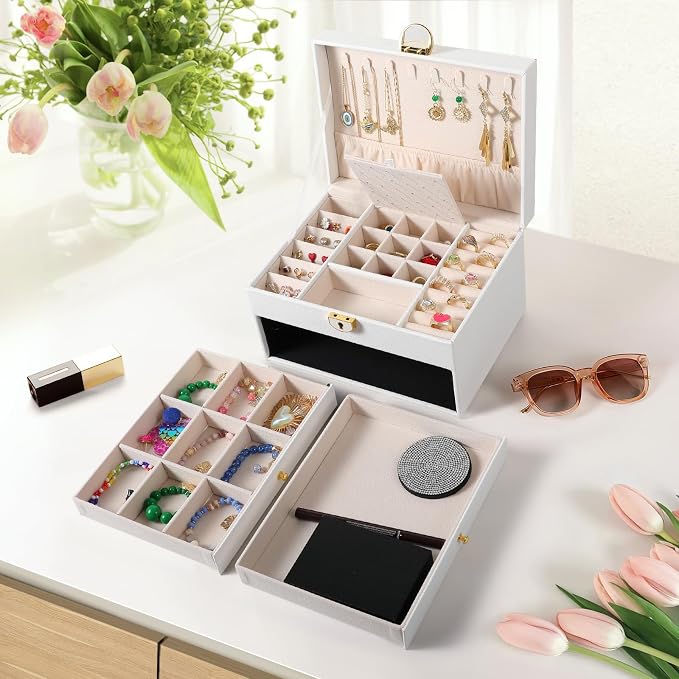 coobest 3 Layer Jewelry Box, Lockable Jewelry Holder Organizer with Jewelry Drawer, Large Jewelry Boxes & Organizer with Velvet Earring Storage, Unique Gifts for Women Mom