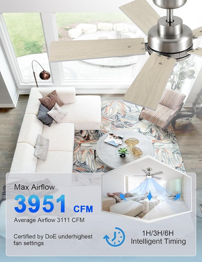 Modern Ceiling Fans with Lights - 42 inch Brushed Nickel Ceiling Fan with Light and Remote, Reversible DC Motor, 6-Speed Quiet 3CCT LED Dimmable for Bedroom, Indoor and Outdoor, Patios, ETL Listed