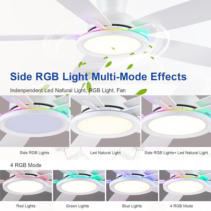 BYKISTOK Flush Mount RGB Ceiling Fan with RGB Light - 52In White Ceiling Fan Light with Reversible Mute Motor, 3CCT LED Dimmable, Low Profile Modern Ceiling Fans for Indoor, Party, Living Room