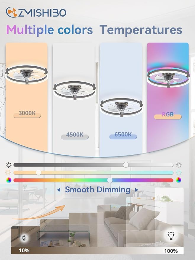 ZMISHIBO RGB Ceiling Fans with Lights and Remote, 20 inch Low Profile Ceiling Fan with Light, 3000K-6000K Dimmable & RGB, Modern Fandelier Flush Mount Ceiling Fan, Small LED Fan for Bedroom,Grey