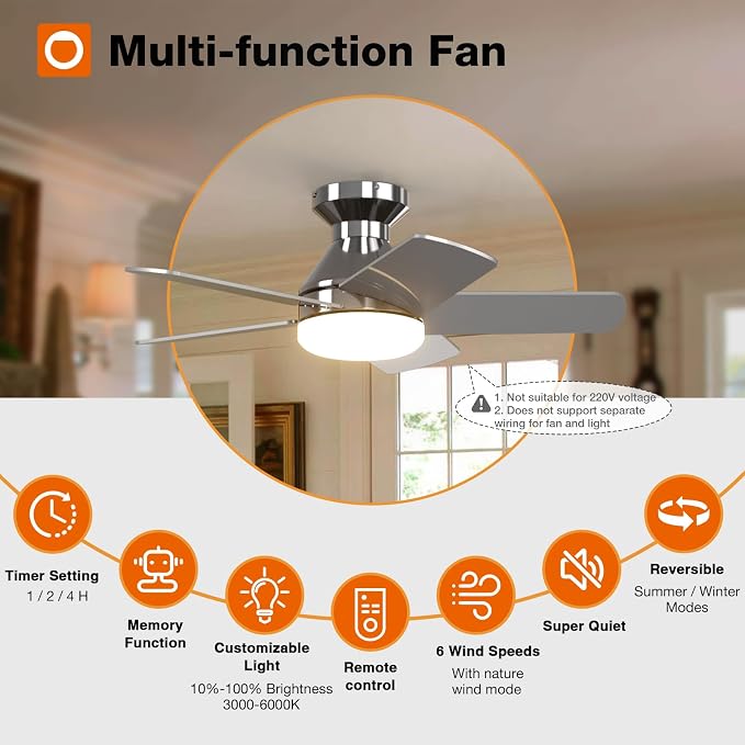 addlon Ceiling Fans with Lights, 32 inch Low Profile Ceiling Fan with Light and Remote Control, Flush Mount, Reversible, 3CCT, Dimmable, Quiet, Nickel Small Ceiling Fan for Bedroom Indoor/Outdoor Use