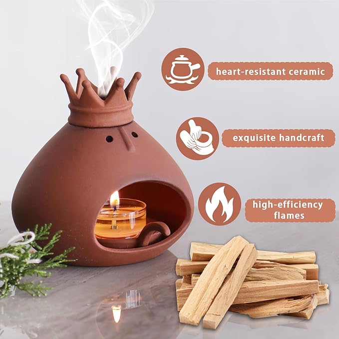 Terracotta Palo Santo Holder Incense Burner with Handcraft Small Ceramic Sage Burner Holder for Meditation Yoga Aromatherapy Study Home Decor Palo Santo Chimney Burning Bowl