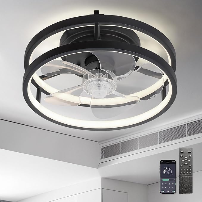 13 Inch Small Ceiling Fan with Light and Remote, Low Profile Flush Mount Fandelier, Dimmable 3CCT Quiet LED Ceiling Fans for Bedroom,Black001
