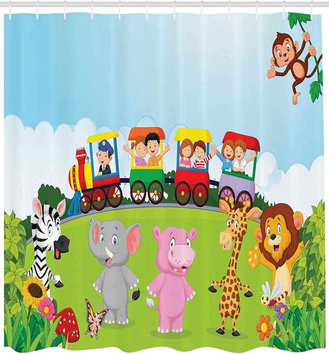 Ambesonne Cartoon Shower Curtain, Funny Cartoon Design Happy on a Choo Train Savannah Animals Art Forest Print, Cloth Fabric Bathroom Decor Set with Hooks, 69" W x 75" L, Multicolor Soft Blue