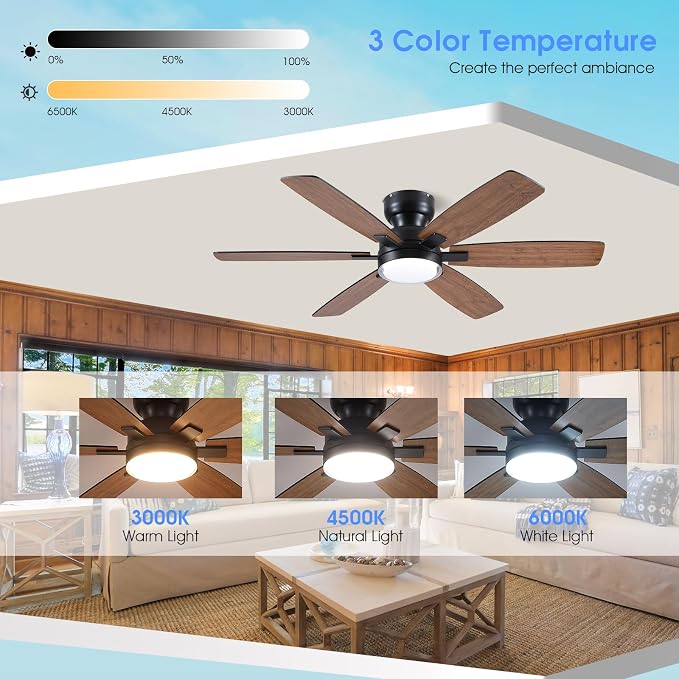 Kviflon 52" Rustic Ceiling Fans with Lights Remote/APP Control, Flush Mount Ceiling Fan with Double Lampshade, 6 Reversible Dual Fan Blades, 3 CCT Dimmable LED Lights for Living Room Farmhouse, Brown