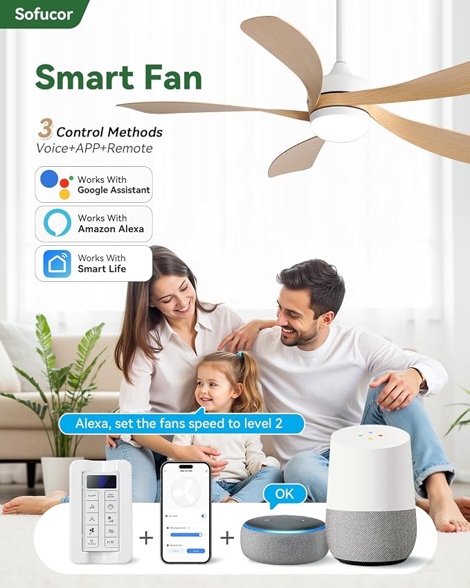 Sofucor 52" Smart Ceiling Fan, Indoor/Outdoor Ceiling Fans with Lights and Remote, Compatible with Alexa/Google/App, 3-Color Light 6-Speed Timing Reversible DC Motor for Bedroom Living Room Patio