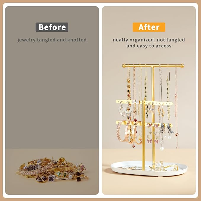Saydear 3-Tier Jewelry Organizer Stand, Earring Holder Necklace Tree | Gold Metal Earring Rails With Top Necklace Bar, White Oval Tray Base, Ideal Vanity Dresser Decor, Gift For Her