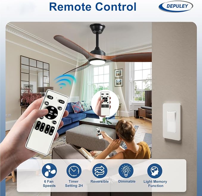 Depuley 42-Inch Ceiling Fan with Light: Walnut 3 Blade Indoor Outdoor Fans for Patios - Dimmable Ceiling Fan with Remote Control Fandelier Reversible 6 Speed Timer Ultra Quiet DC Motor