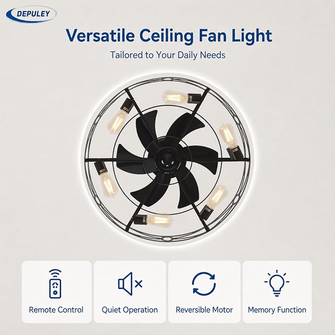 Depuley Caged Ceiling Fans with Light: 24-Inch Black Metal Enclosed Farmhouse Fandelier for Kitchen Bedroom - Industrial Semi Flush Mount Ceiling Fan with Remote 6 Speeds Reversible Motor Timer